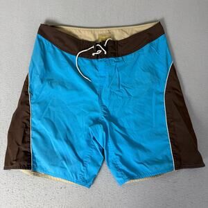 Hobie Men's Board Shorts Blue Brown Tan Colorblock Drawstring Surf Swim Trunks